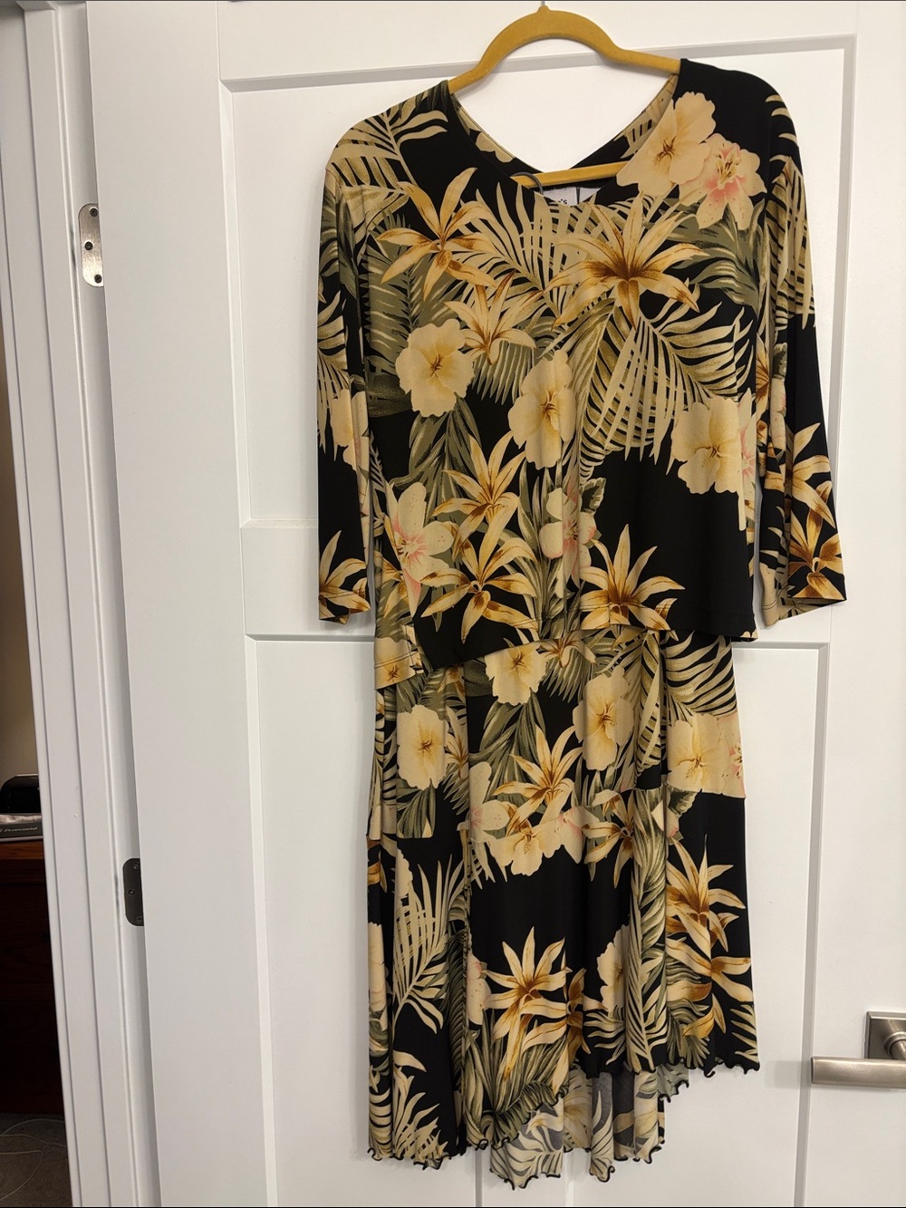 Black Floral Midi Dress with Beige Tropical Print - Women's Midi Dress